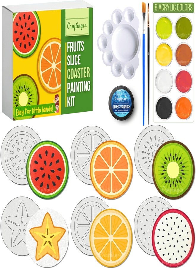 Craftinger Fruit theam Coaster Painting Kit for Kids | 6 Fruit Theme Coasters with 8 Acrylic Colors, 2 Brushes, Palette & Free Gloss Varnish | DIY Painting Art Kit for Boys & Girls, Home, Office, Activity, Coloring Tea Cup Table Birthday Kitchen - Image 1